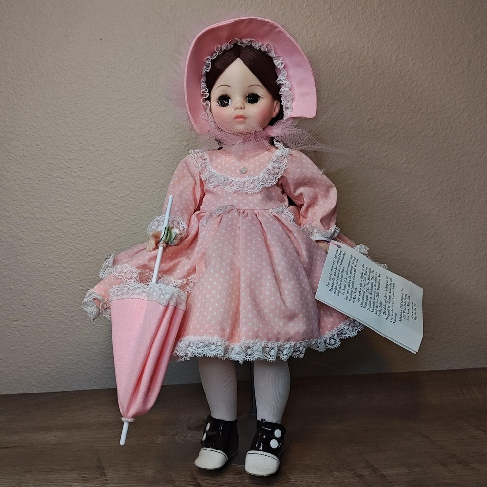 Madame Alexander Rebecca Doll 14in Pink Polka Dot Dress Lace Bonnet Umbrella Box